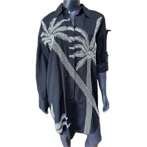 Badgley Mischka Small Tunic Dress White Black Palm Tree Embroidered NEW NWT